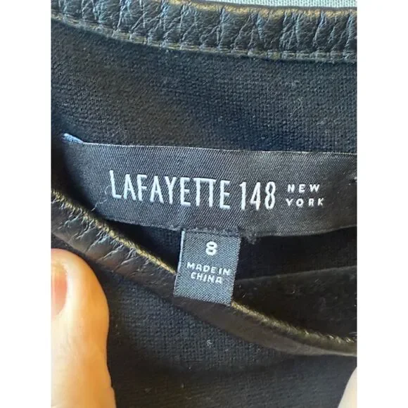Lafayette 148 NY Black Sheath Dress Real Leather Stripe Detail Size 8 Cocktail - Picture 4 of 9